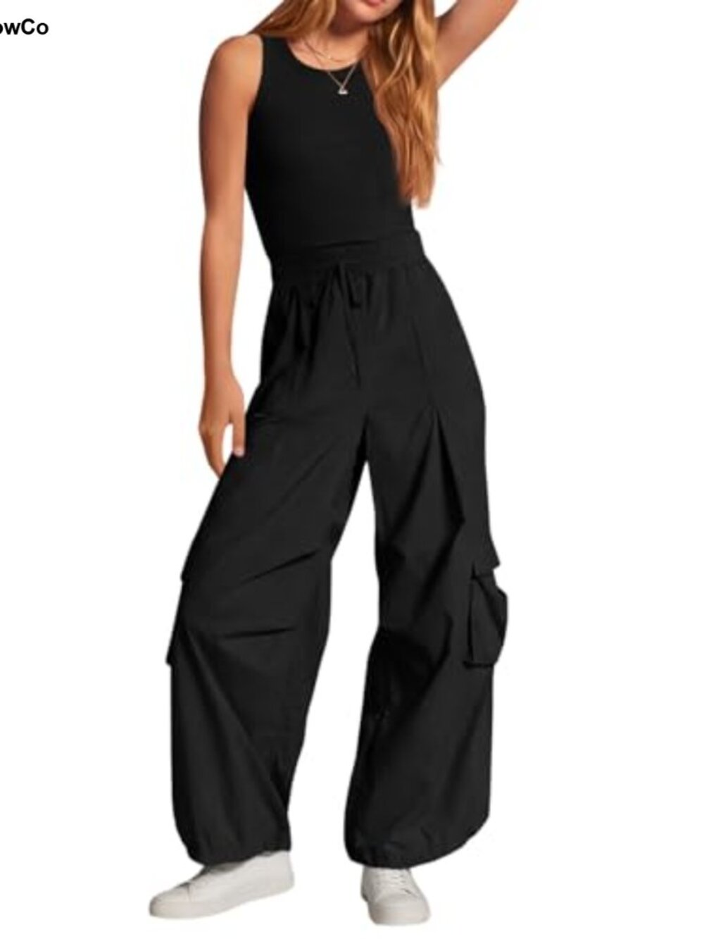 Sleeveless Jumpsuit Women's Crewneck Open Back Wide Leg Cargo Pockets